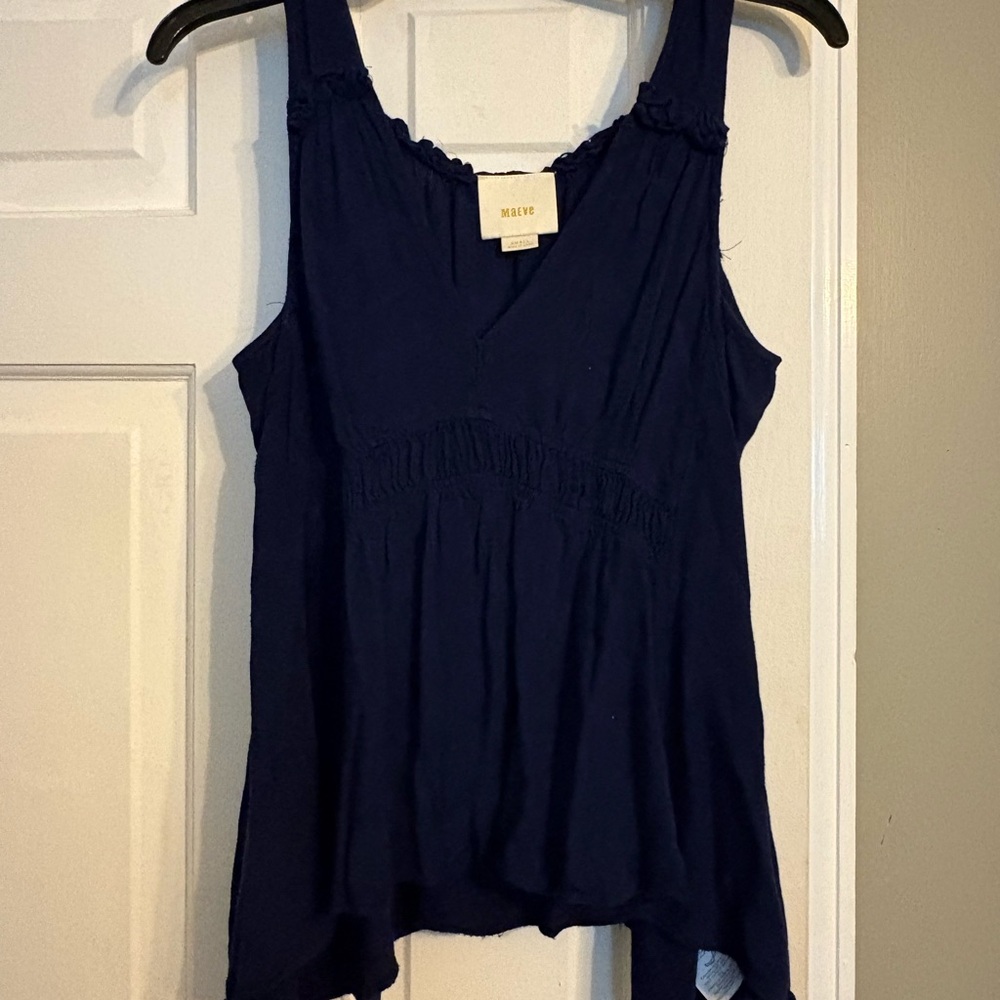 Maeve Blue Smocked Asymmetrical Tank Top